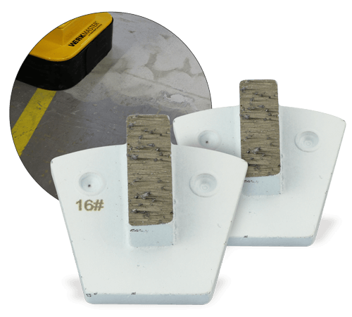 Two white WerkMaster 16-grit metal bond tools with one rectangular grinding segment each, with an inset showing concrete grinding