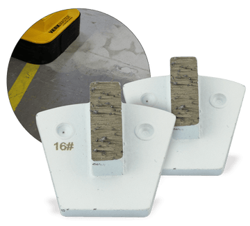 Two white WerkMaster 16-grit metal bond tools with one rectangular grinding segment each, with an inset showing concrete grinding