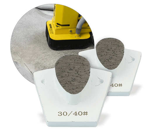 Two white WerkMaster heavy duty metal bond tools with single teardrop segments, marked 30/40 grit, with an inset showing a floor machine on concrete
