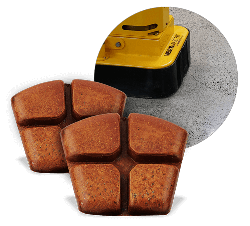 Two copper-colored WerkMaster hybrid resin tools with four segments each and an inset showing a floor machine on concrete