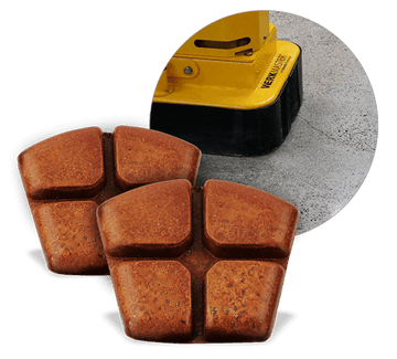 Two copper-colored WerkMaster hybrid resin tools with four segments each and an inset showing a floor machine on concrete