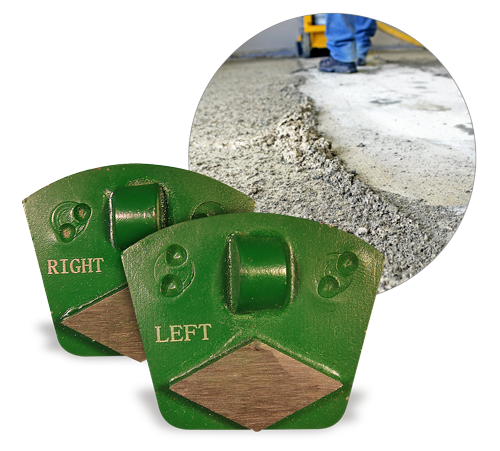 Green WerkMaster coating removal tools marked LEFT and RIGHT, with an inset showing material removed from a concrete floor
