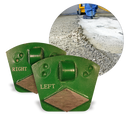 Green WerkMaster coating removal tools marked LEFT and RIGHT, with an inset showing material removed from a concrete floor