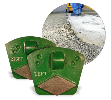 Green WerkMaster coating removal tools marked LEFT and RIGHT, with an inset showing material removed from a concrete floor