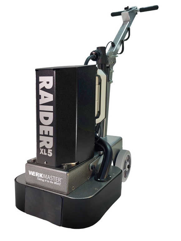 WerkMaster Raider XL5 floor grinder with upright handle, dust hose, and rear transport wheels