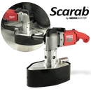 WerkMaster Scarab handheld concrete grinder with an inset showing the tool being used on concrete