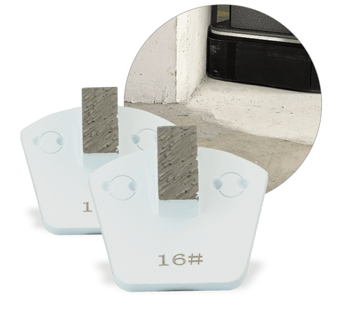 Two white WerkMaster single-segment metal bond grinding tools, with the front tool marked 16 grit and an inset showing floor-edge grinding