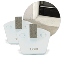 Two white WerkMaster single-segment metal bond grinding tools, with the front tool marked 16 grit and an inset showing floor-edge grinding