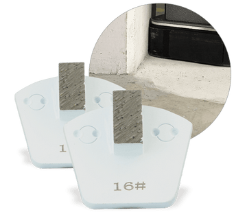 Two white WerkMaster single-segment metal bond grinding tools, with the front tool marked 16 grit and an inset showing floor-edge grinding