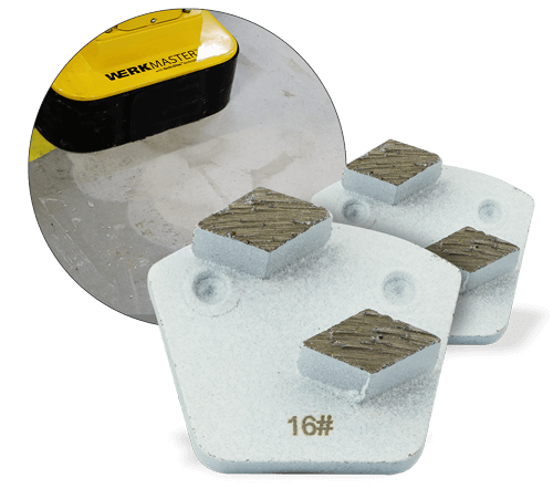 Two white WerkMaster Shark metal bond tools with two grinding segments each, marked 16 grit, with an inset showing a floor machine on concrete
