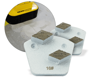 Two white WerkMaster Shark metal bond tools with two grinding segments each, marked 16 grit, with an inset showing a floor machine on concrete