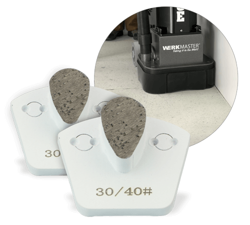Two white WerkMaster teardrop metal bond tools marked 30/40 grit, with an inset showing The EDGE machine on concrete