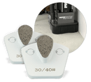 Two white WerkMaster teardrop metal bond tools marked 30/40 grit, with an inset showing The EDGE machine on concrete