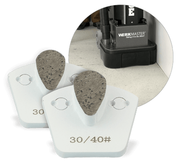 Two white WerkMaster teardrop metal bond tools marked 30/40 grit, with an inset showing The EDGE machine on concrete