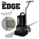 WerkMaster The EDGE floor grinder beside a wall, with a ruler inset illustrating its 1/8-inch edge clearance