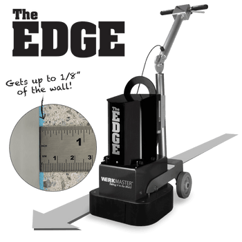 WerkMaster The EDGE floor grinder beside a wall, with a ruler inset illustrating its 1/8-inch edge clearance