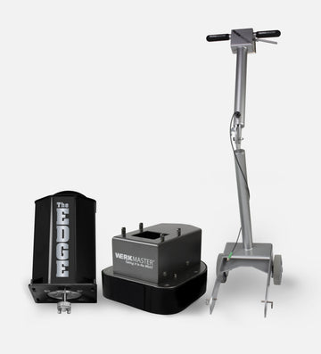 WerkMaster The EDGE machine with its cover, main unit, and wheeled handle assembly shown separately