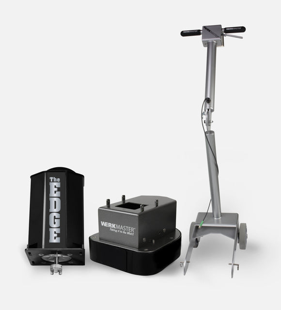 WerkMaster The EDGE machine with its cover, main unit, and wheeled handle assembly shown separately