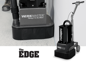 WerkMaster The EDGE floor grinder working beside a wall, with a separate full view of the machine