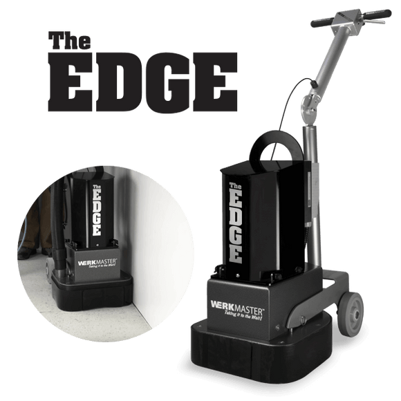 WerkMaster The EDGE concrete grinder with an inset showing the machine grinding beside a wall