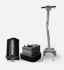 WerkMaster The EDGE machine with its cover, main unit, and wheeled handle assembly shown separately