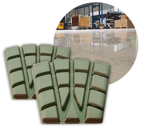 WerkMaster ULTRAShine Pro resin polishing tools with an inset showing a glossy polished concrete floor