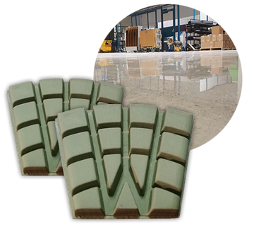 WerkMaster ULTRAShine Pro resin polishing tools with an inset showing a glossy polished concrete floor